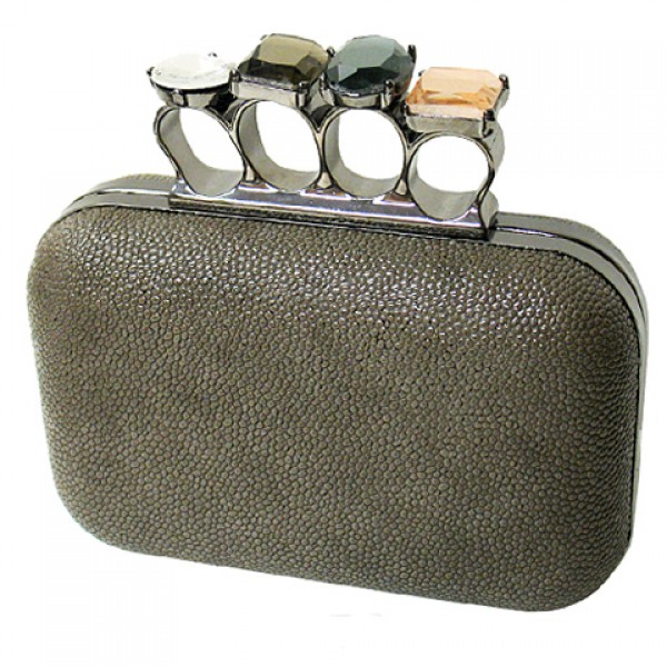 Evening Bag - Small Jeweled Stones Knuckle Clutch Bags - Pewter - BG-EHP7103PT